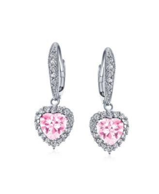 4CT CZ Pink Halo Heart Shaped Cubic Zirconia Dangle Lever back Earrings Invisible Cut Rhodium Plated