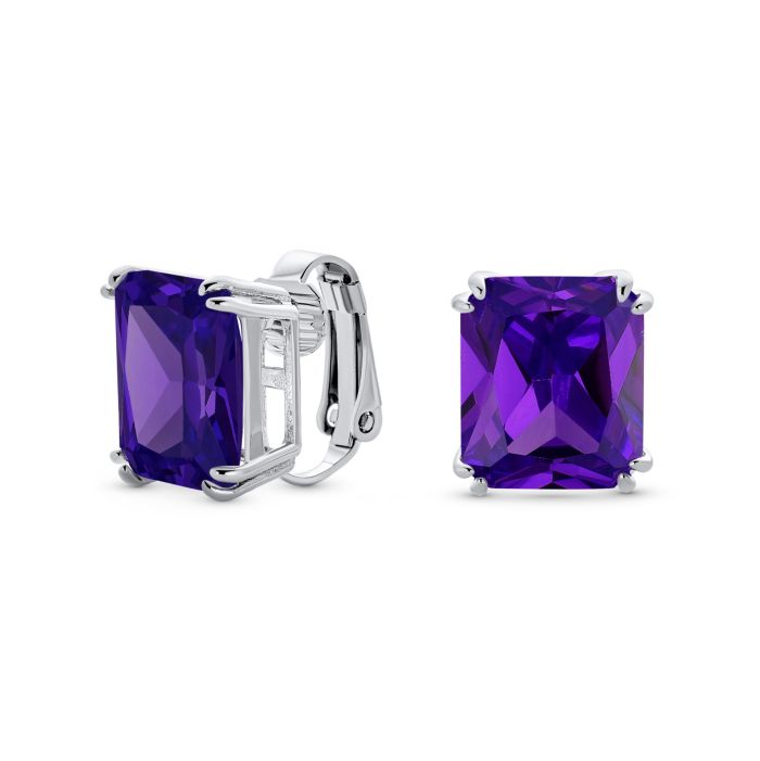Bling Jewelry 7CT Rectangle Emerald Cut Dk Purple CZ Stud Clip-On
