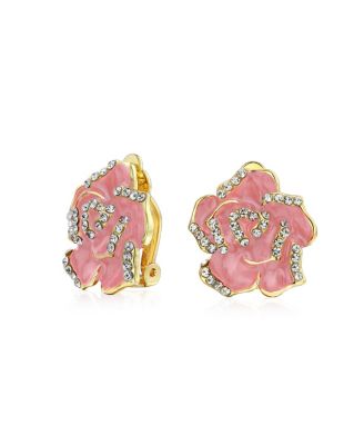 Set of 2 Pink Red Enamel Flower Crystal Edge Clip-On Earrings Gold Plated