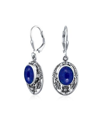 Oval Flower Leaf Carved Blue Synthetic Lapis Lazuli Lever back Earrings Oxidized Sterling Silver