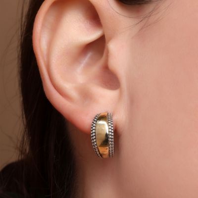 Lightweight Dome Round Caviar Bead Edge Two Tone Stud Hoop Earrings Gold Plated Sterling Silver .70 Inch Diameter