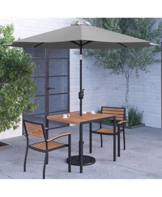 Hampstead Five Piece Faux Teak Patio Dining Set Includes Table, Two Club Chairs, 9' Patio Umbrella And Base