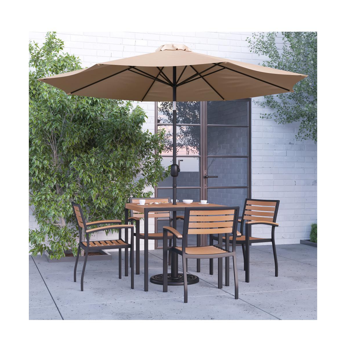 Hampstead Seven Piece Faux Teak Patio Dining Set Includes Table, Four Club Chairs, Patio Umbrella And Base