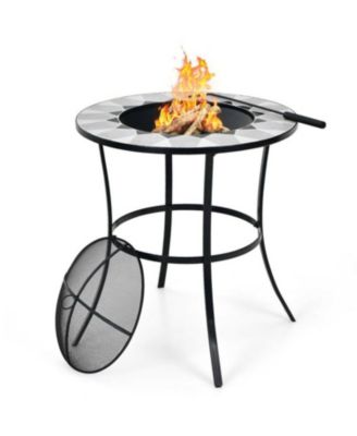 Round Fire Pit Table with Mesh Cover and Fire Poker