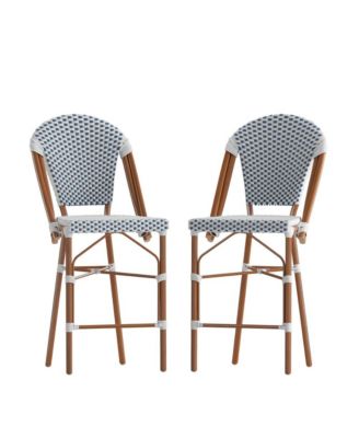 Celia Set Of Two Indoor/Outdoor Stacking Bistro Counter Stools With White And Gray Patterned Seats And Backs & Bamboo Finished Metal Frames