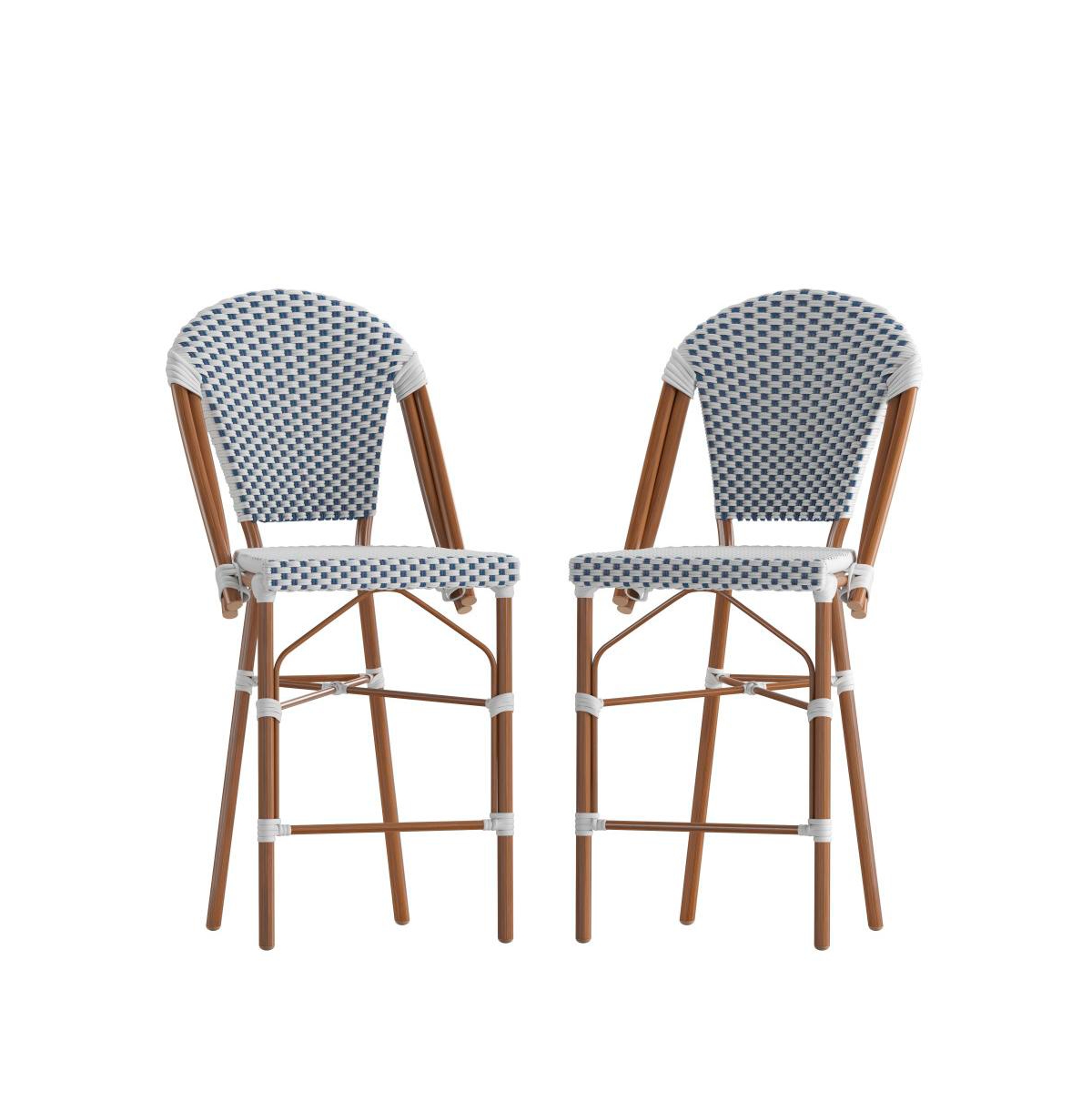 Merrick Lane Celia Set Of Two Indoor/Outdoor Stacking Bistro Counter Stools With White And Gray Patterned Seats And Backs & Bamboo Finished Metal Fram