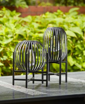 14.25" H Slim-Shaped Metal Stripes Solar Powered Edison Bulb Slim Outdoor Lantern with Stand