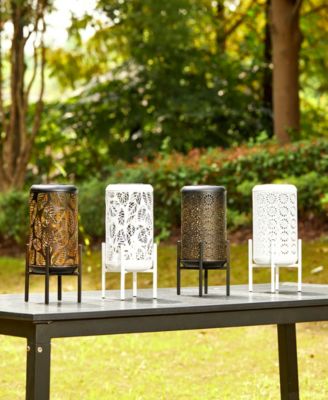 14.25" H Metal Cutout Flower Pattern Solar Powered LED Outdoor Lantern with Stand