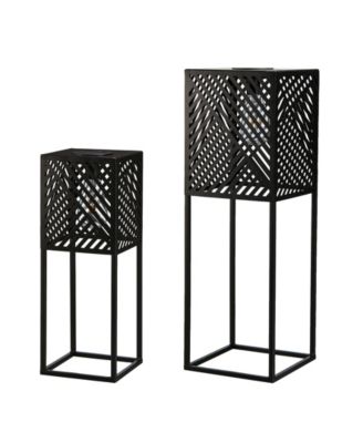 23.75" H, 17.75" H Set of 2 Metal Stripes Geometric Solar Powered Edison Bulb Outdoor Floor Lantern or Planter Stands