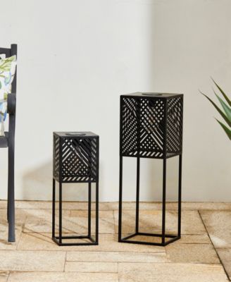 23.75" H, 17.75" H Set of 2 Metal Stripes Geometric Solar Powered Edison Bulb Outdoor Floor Lantern or Planter Stands