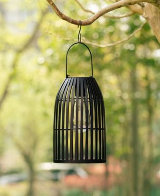 9.75" H Set of 2 Metal Stripes Solar Powered Edison Bulb Outdoor Hanging Lantern