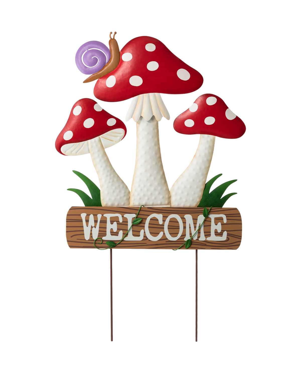 32" H Multi-Functional 2-in-1 Metal and Solid Wood Triple Mushrooms with Welcome Sign Garden Yard Stake, Wall Decor - Multi