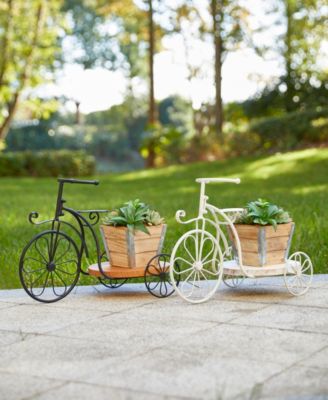 18" L Metal Tricycle Planter Stand with Natural Solid Wood Tray