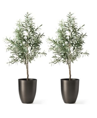 16.75" H Set of 2 Black  Resin and Stone Faux Brushed Steel Texture Tall Planter