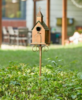 53"H Farmhouse Faux Copper Distressed Metal Church Outdoor Decorative Garden Birdhouse with Stake