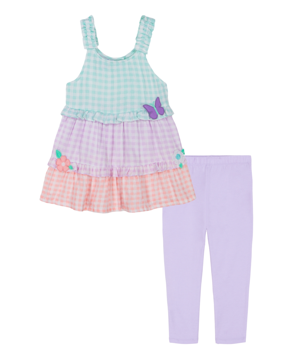 Shop Kids Headquarters Toddler Girls Tiered Gingham Tunic Capri Leggings Set In Green,purple