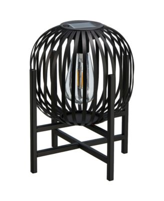 11.50" H Set of 2 Black Metal Stripes Solar Powered Edison Bulb Outdoor Lantern with Stand