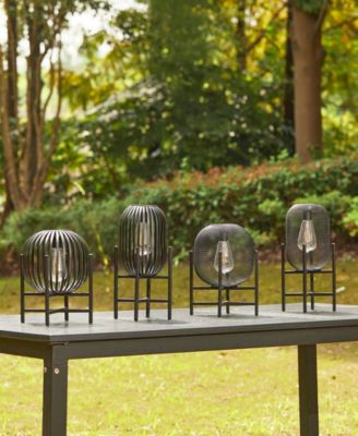 11.50" H Set of 2 Black Metal Stripes Solar Powered Edison Bulb Outdoor Lantern with Stand