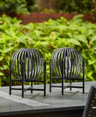 11.50" H Set of 2 Black Metal Stripes Solar Powered Edison Bulb Outdoor Lantern with Stand