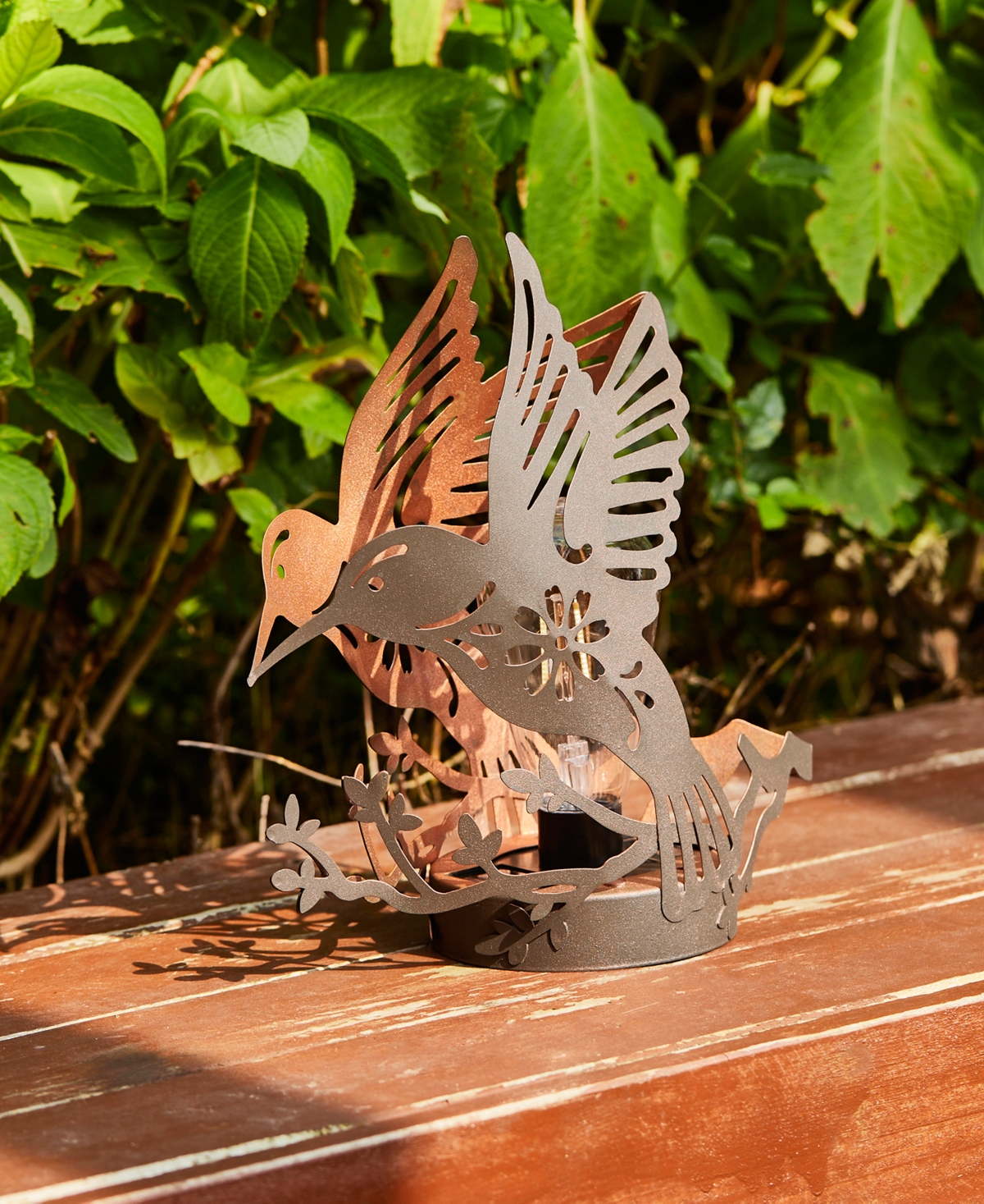 Glitzhome 9.75" H Set Of 2 Black And Gold-tone Metal Cutout Flying Hummingbird Silhouette Solar Powered Edison In Multi