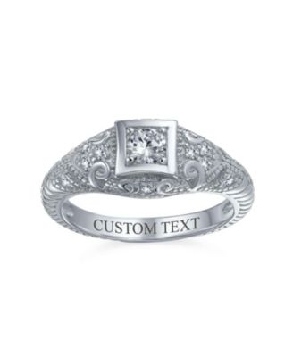 1CT Deco Style Square Bezel Solitaire Round CZ Milgrain Promise Ring Sterling Silver