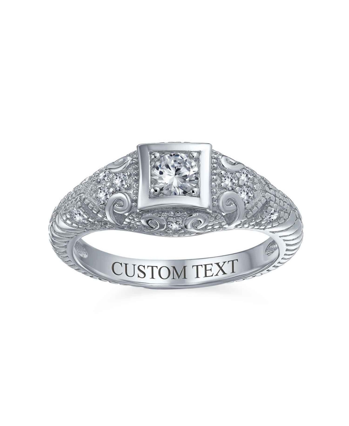 Bling Jewelry 1CT Deco Style Square Bezel Solitaire Round Cz Milgrain Promise Ring For Women Sterling- Silver