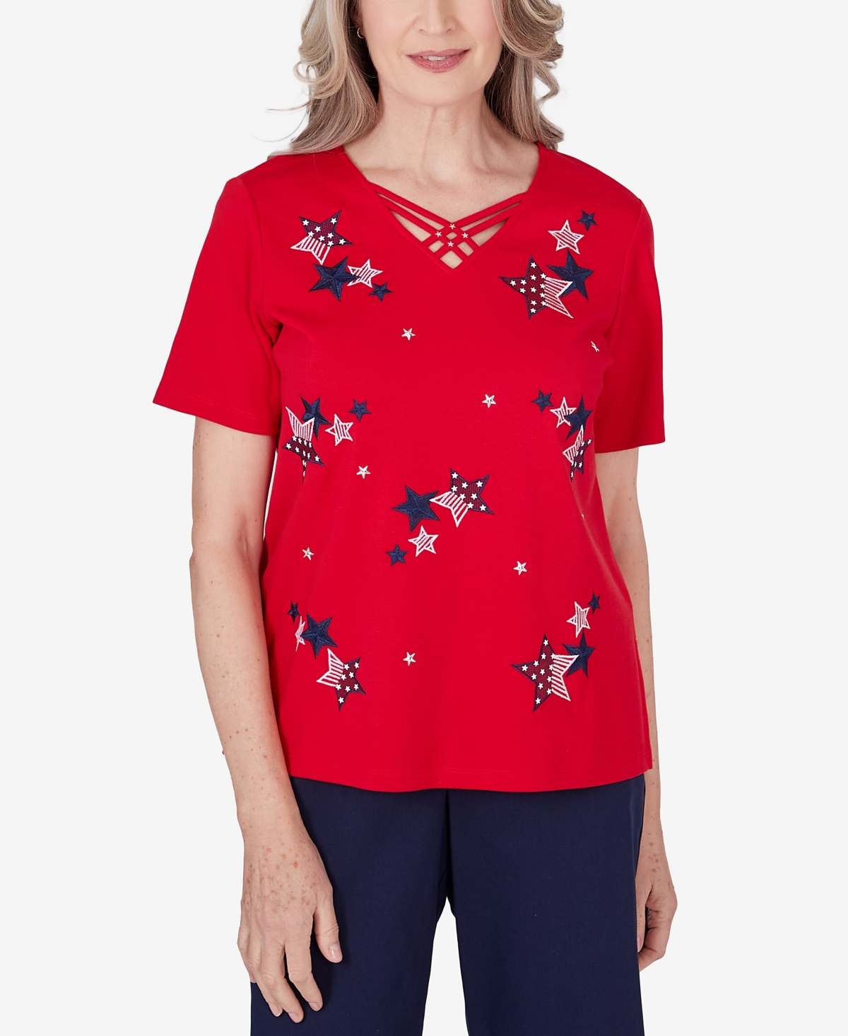 Shop Alfred Dunner Women's All American Embroidered Stars Short Sleeve Top In Red