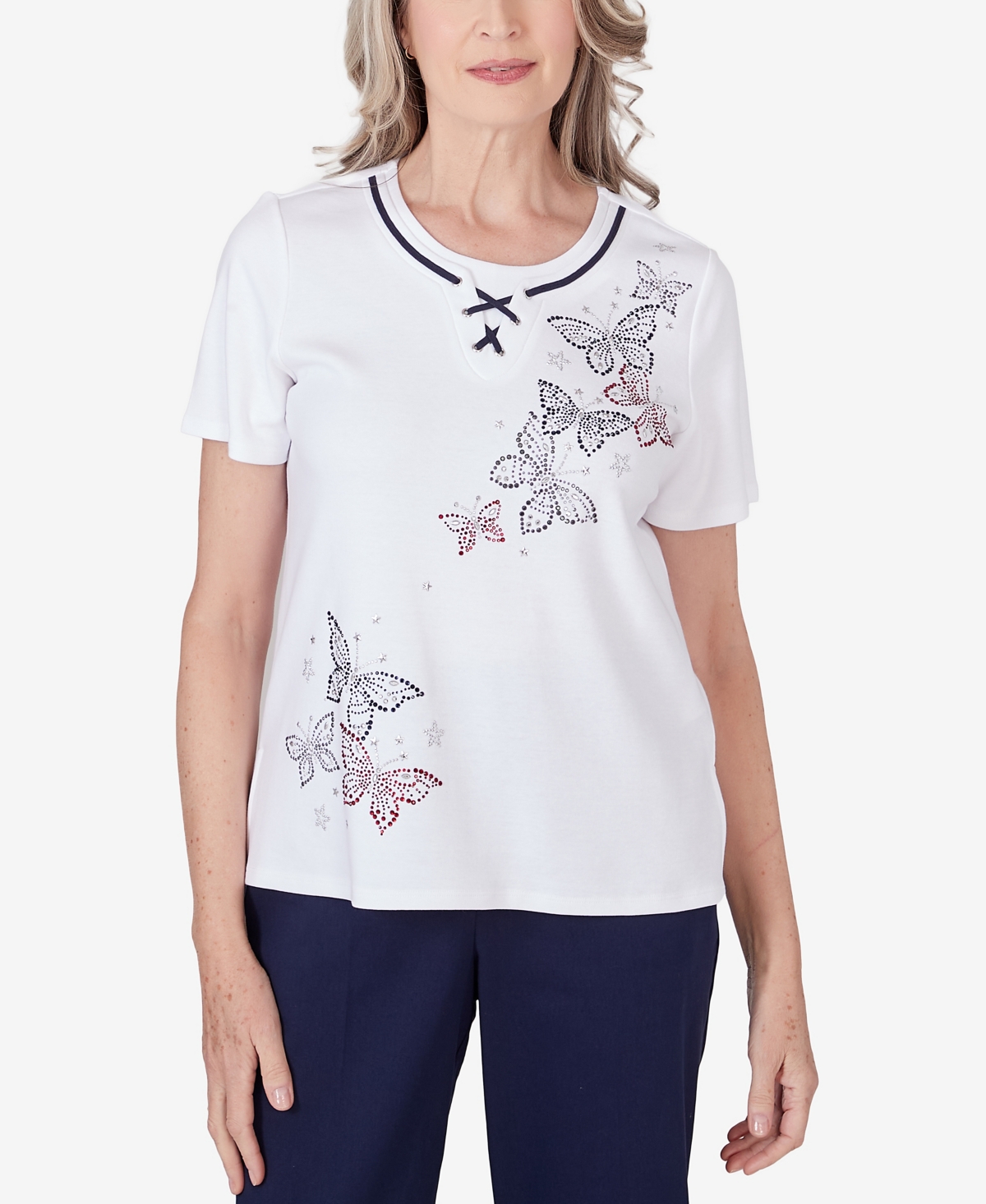 Shop Alfred Dunner Women's All American Butterfly Heat Seat Short Sleeve Top In White