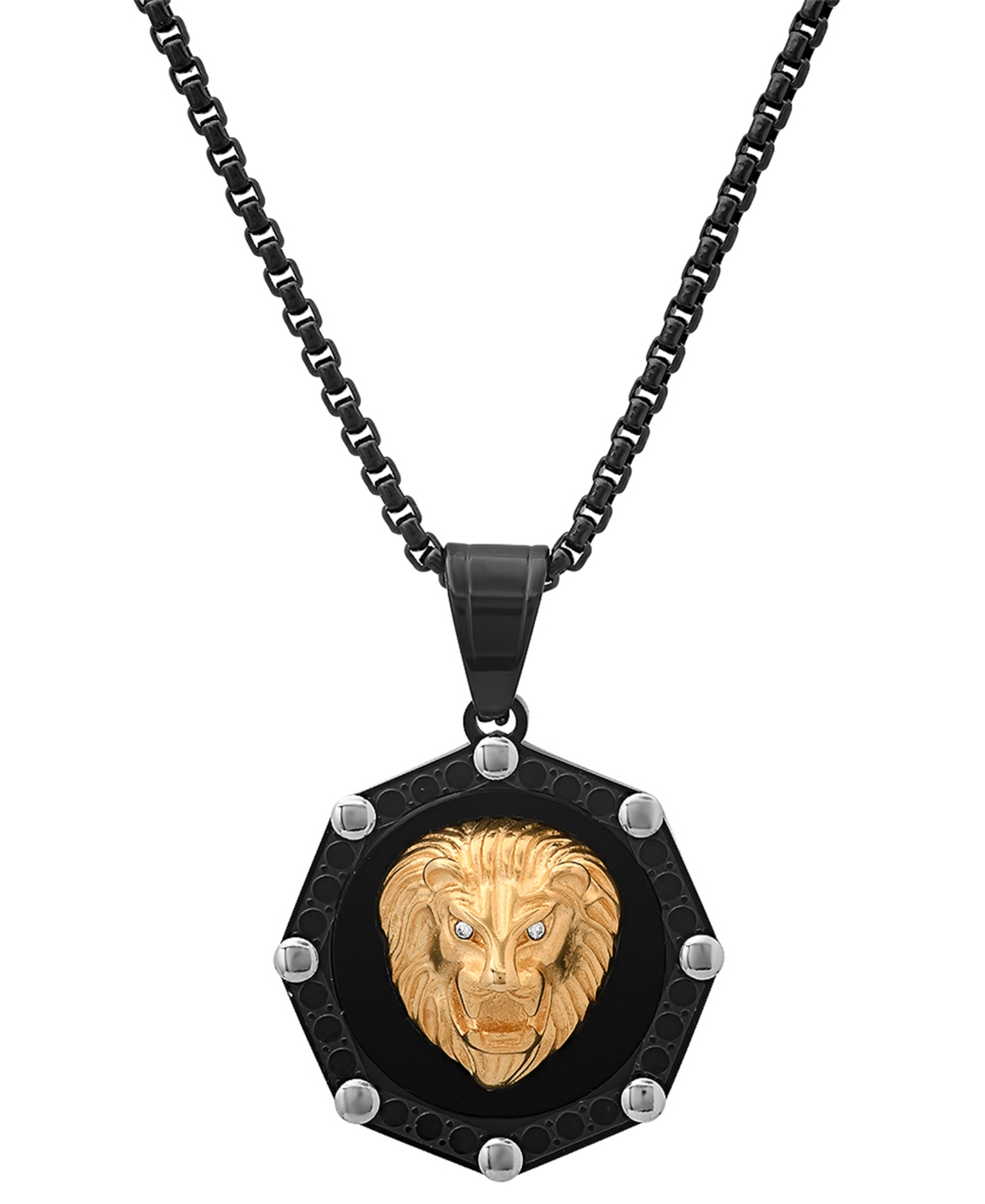 Steeltime Men's Two-tone Stainless Steel Simulated Diamond Lion Head Greek Accent 24" Pendant Necklace In Black,gold,silver