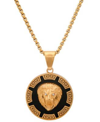 STEELTIME - Men's Two-Tone Stainless Steel Simulated Diamond Lion Head Greek Accent 24" Pendant Necklace