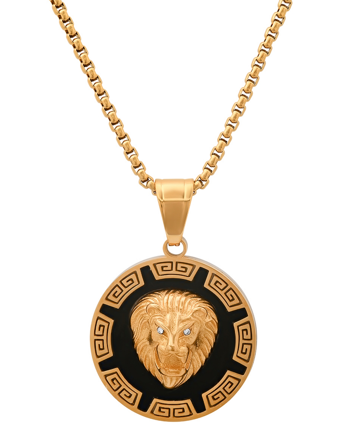 Steeltime Men's Two-tone Stainless Steel Simulated Diamond Lion Head Greek Accent 24" Pendant Necklace In Black,gold