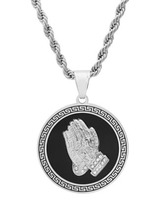 Men's Stainless Steel Prayer Hand & Greek Key 24" Pendant Necklace