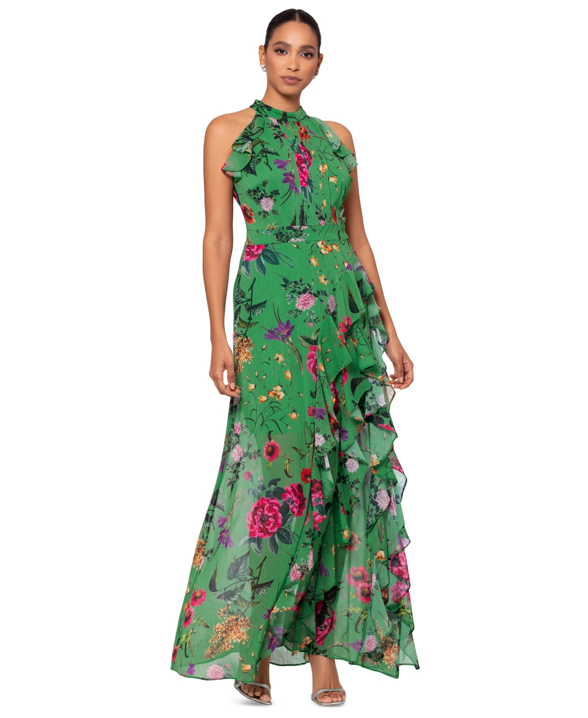 Shop Betsy & Adam Petite Floral-print Ruffled Halter Gown In Green Multi