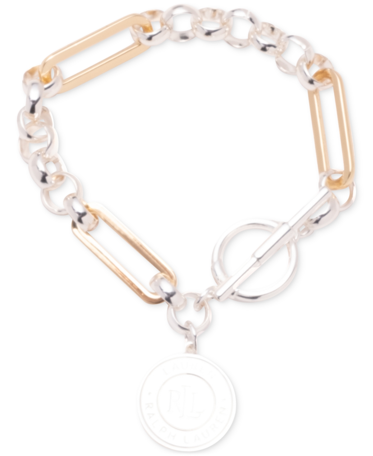 Shop Lauren Ralph Lauren Two-tone Logo Coin Charm Link Bracelet In Gold,silve