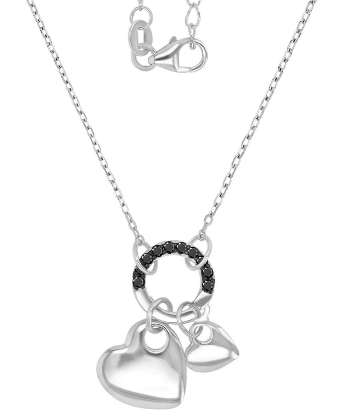 Black Spinel Double Heart & Ring Pendant Necklace (1/5 ct. t.w.) in Sterling Silver, 16" + 2" extender - Black Spinel