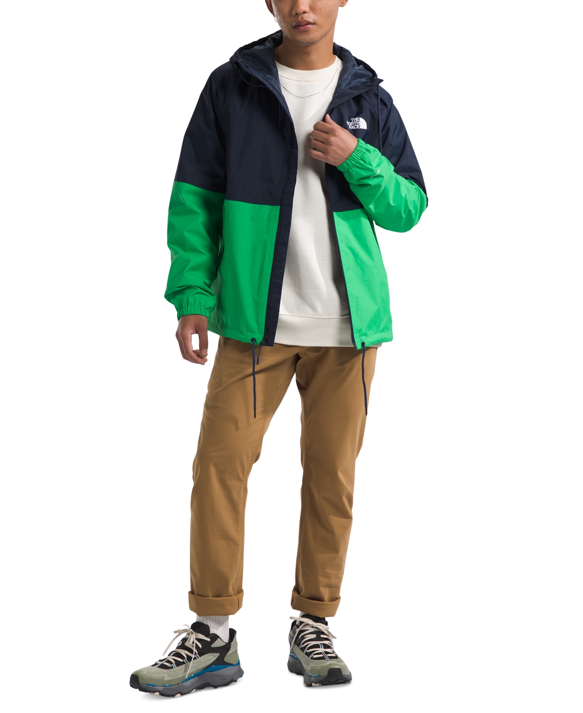 The North Face Antora Waterproof Hooded Rain Jacket In Summit Navy,optic Emerald