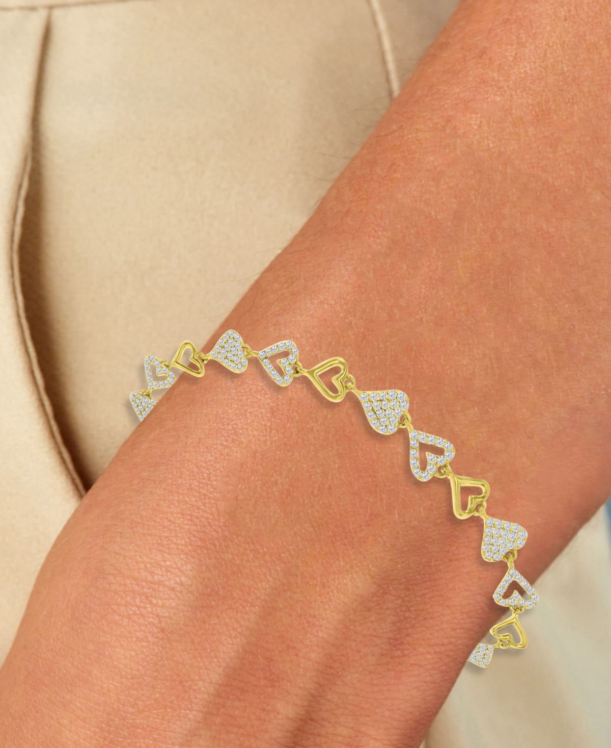 Cubic Zirconia Pave & Polished Heart Link Bracelet