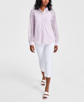 Womens Lace Button Down Long Sleeve Shirt Pull On Slim Fit Cropped Pants Created For Macys