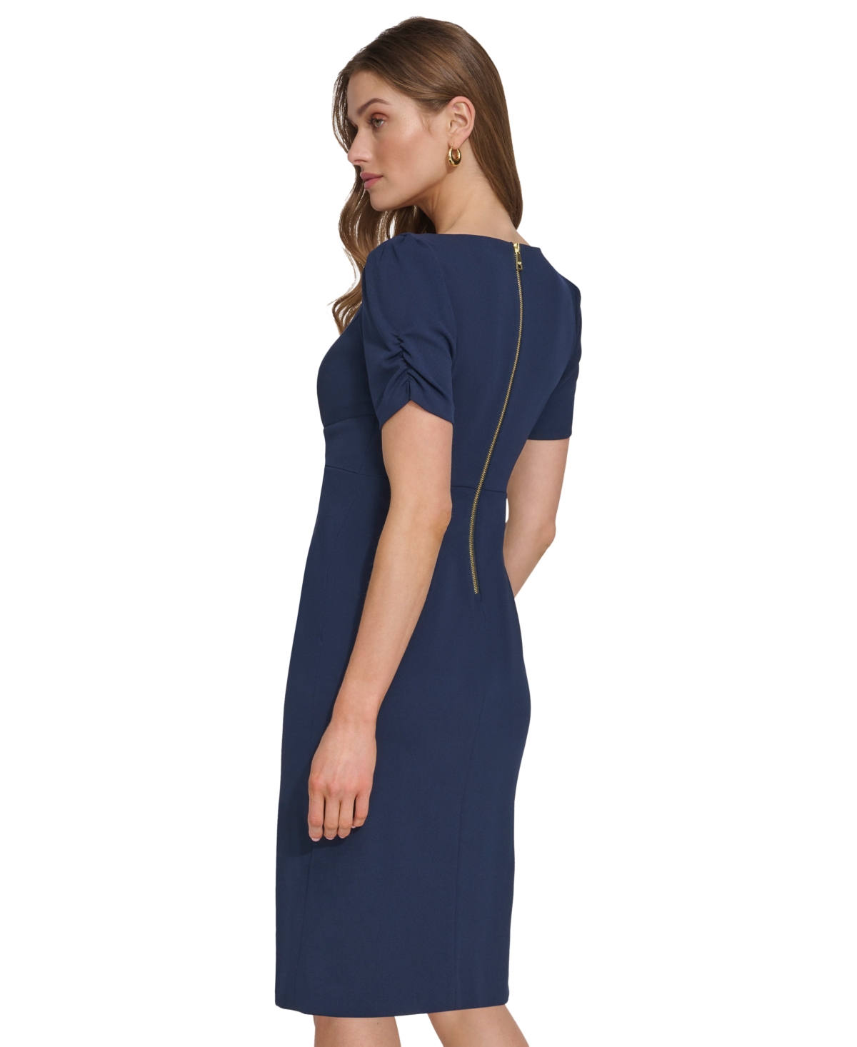 Shop Dkny Petite Ruched-sleeve Twist-waist Sheath Dress In Navy