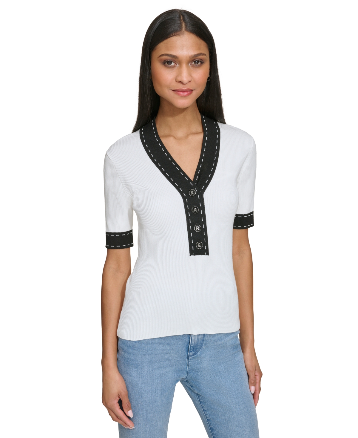 Women's Contrast-Trim Short-Sleeve Ribbed Sweater - Soft White  Black
