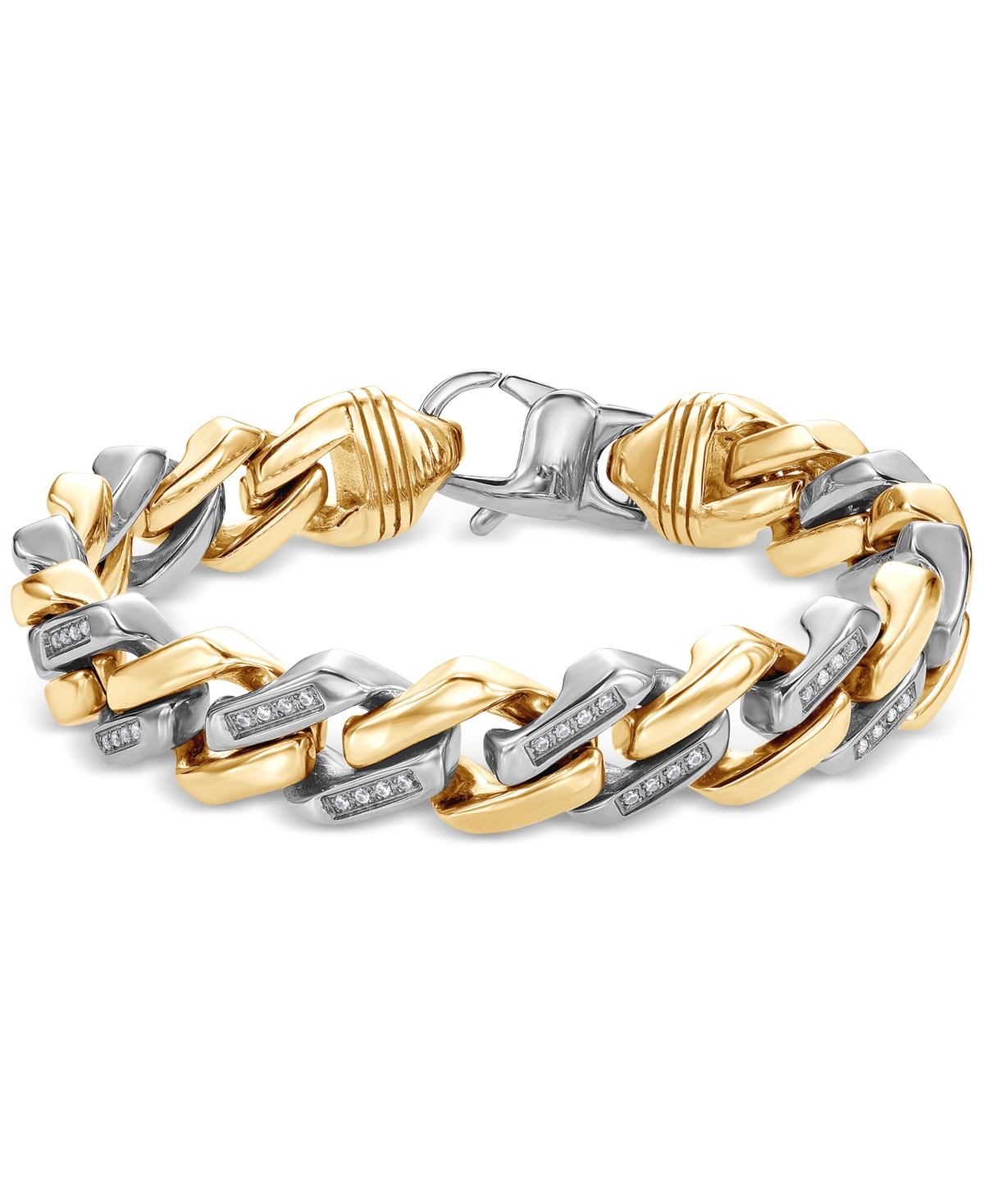 Men's Cubic Zirconia Two-Tone Monaco Link Bracelet in Stainless Steel & Gold-Tone Ion-Plate - Gold-Tone