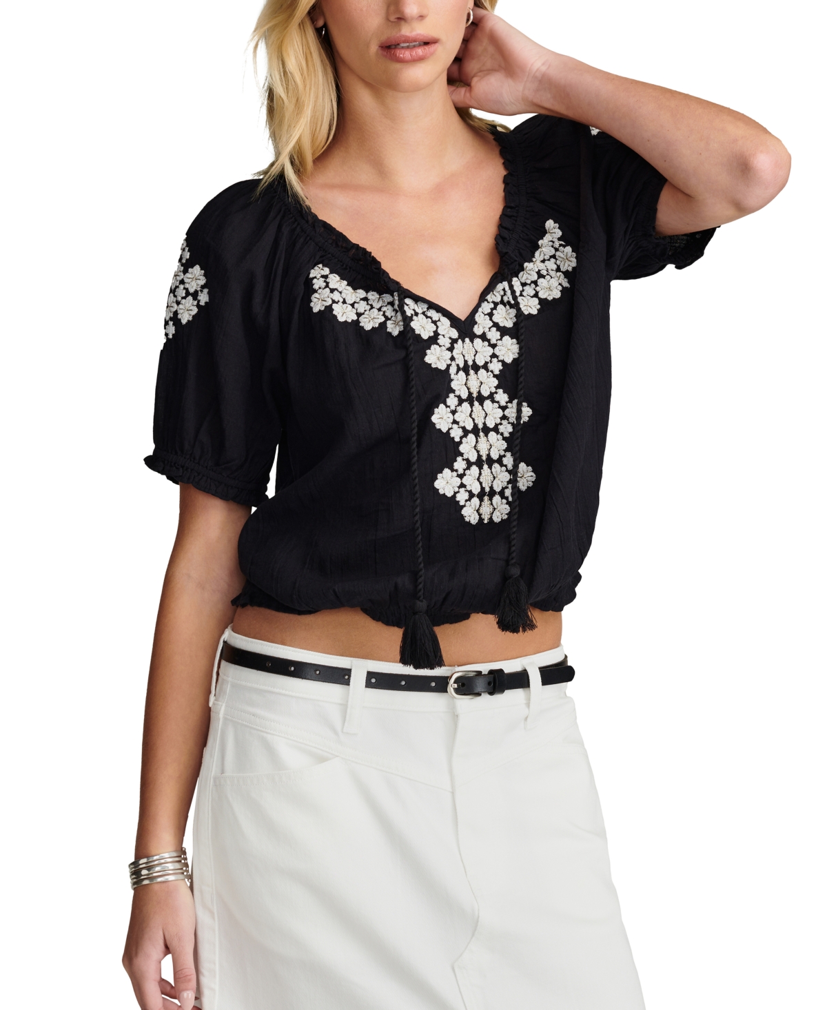 Lucky Brand Women's Embroidered Cotton Peasant Top In Jet Black