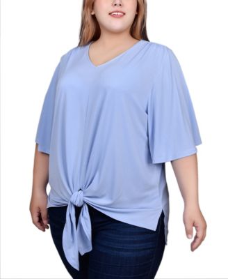 Plus Size Elbow Sleeve Tie-Front Top