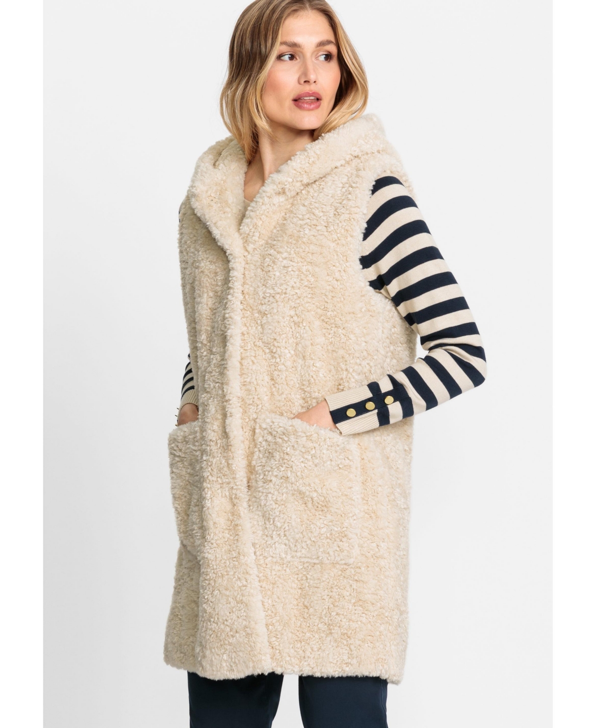 Long Line Teddy Vest with Hood - White