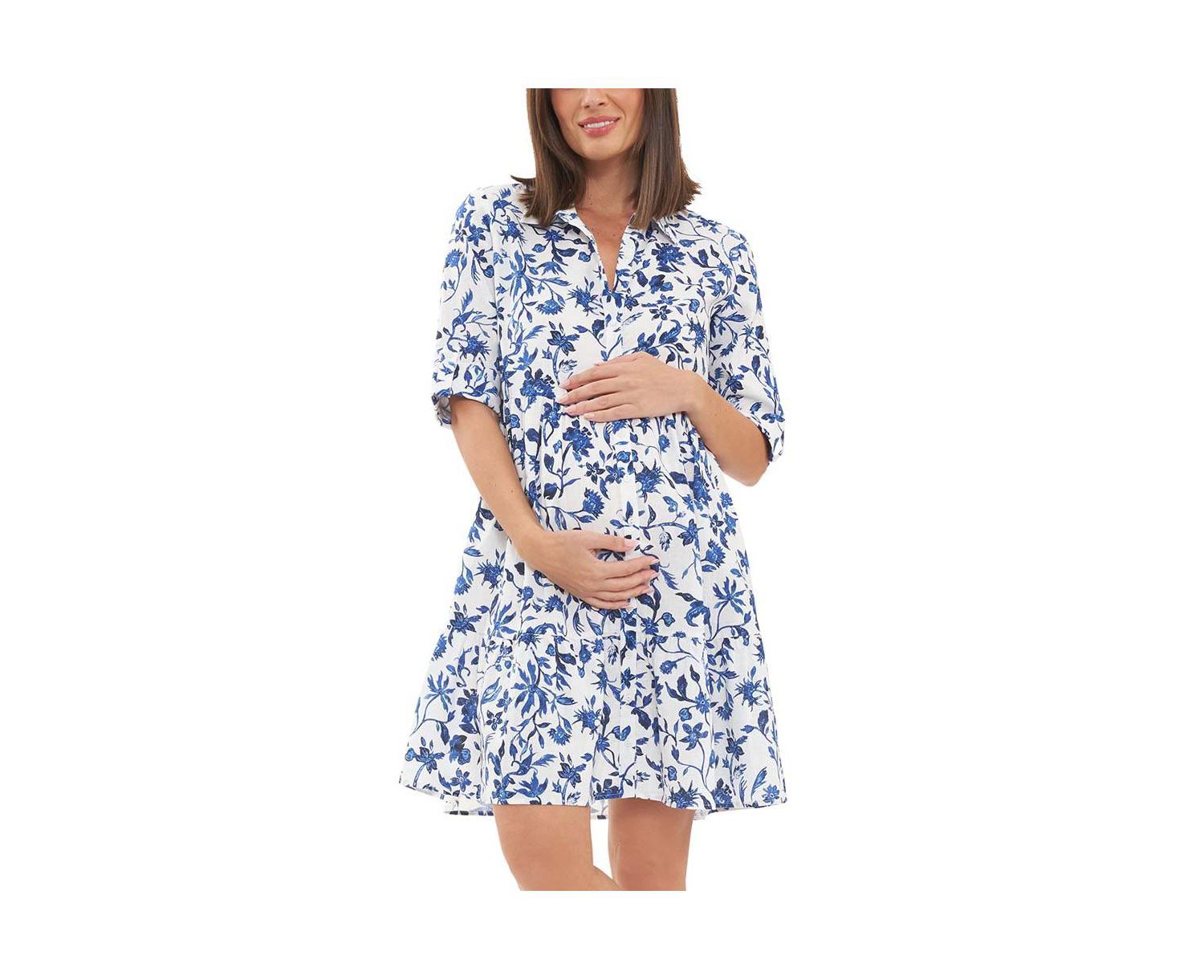 Bella Button Through Linen Dress White/Lapis