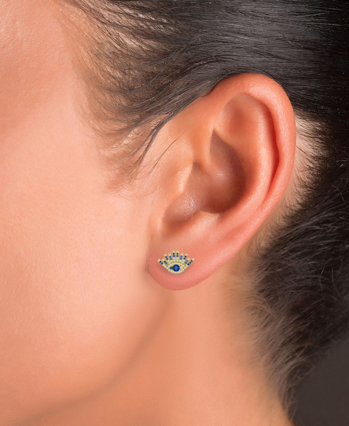 Macy's Lab-grown Blue Spinel (3/4 Ct. T.w.) & Cubic Zirconia Evil Eye Stud Earrings In 14k Gold-plated Ster In Blue Spinel