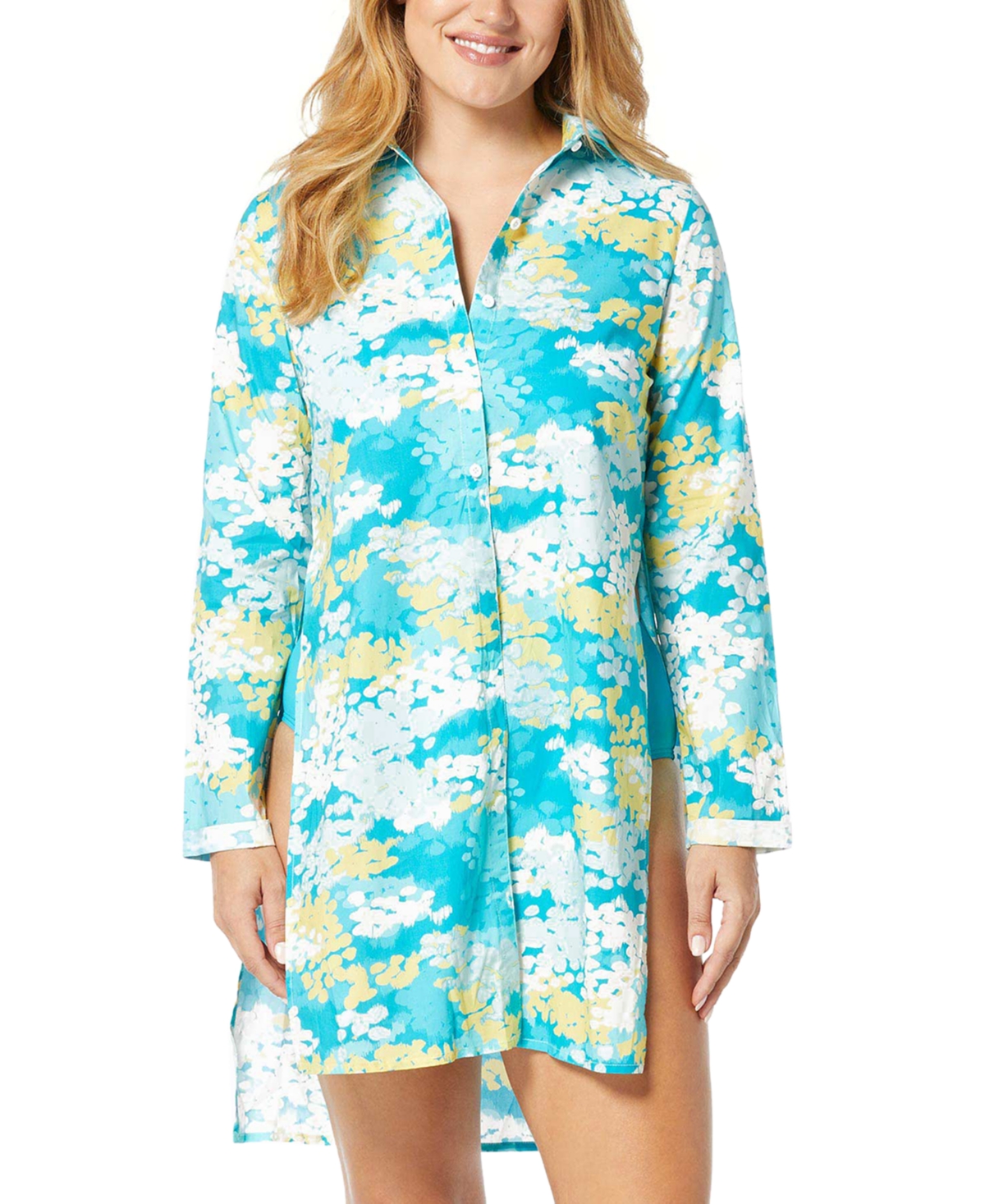 Women's Printed Cotton Cover-Up Shirt - Blue