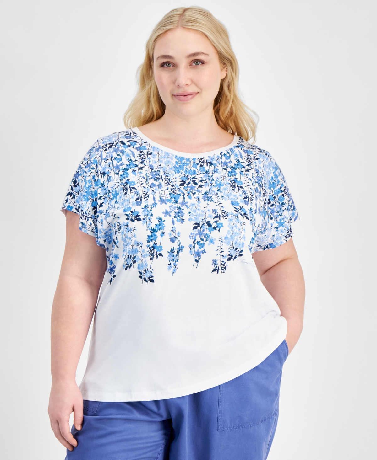 Tommy Hilfiger Plus Size Floral-print Pullover Top In Bright White,breeze Multi