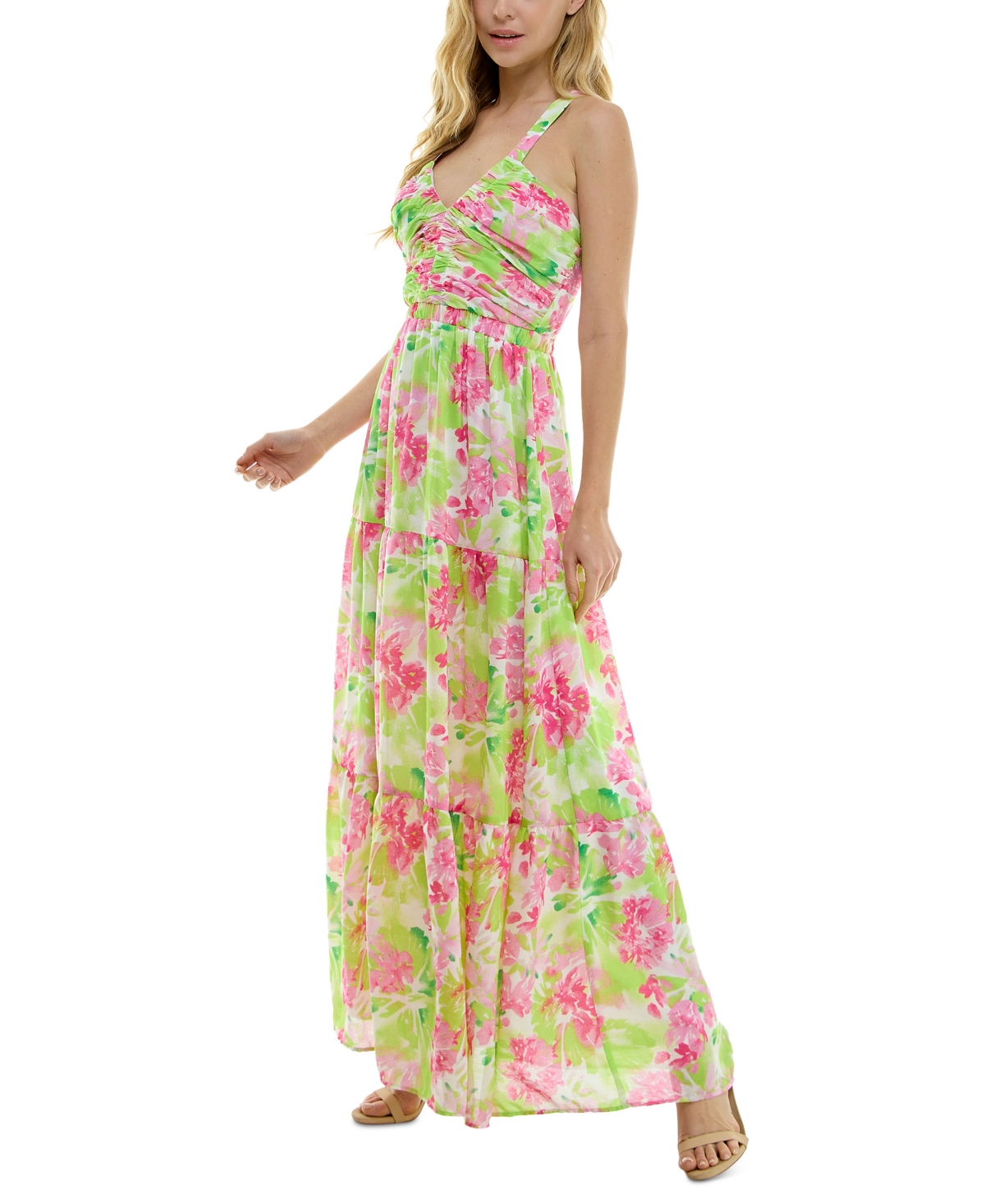 Shop City Studios Juniors' Floral Print Sleeveless Tiered Maxi Dress In Lime Pink