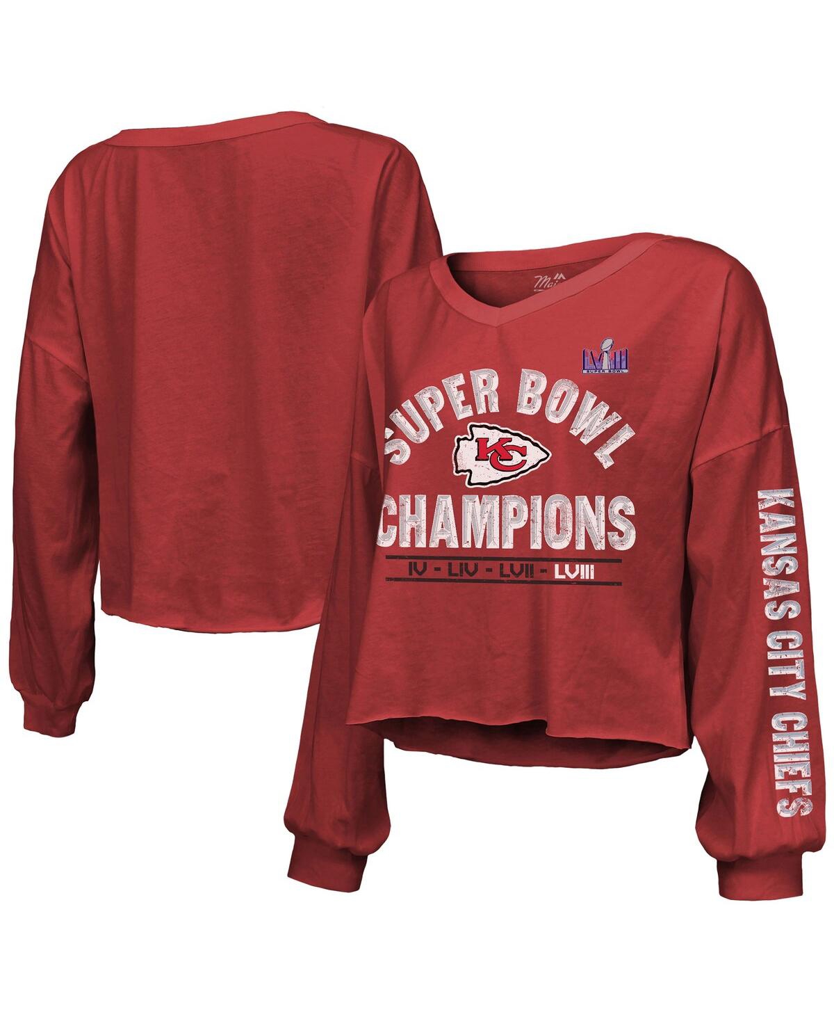 Women's Majestic Red Distressed Kansas City Chiefs Super Bowl Lviii Champions Always Champs Off-Shoulder Long Sleeve V-Neck T-shirt - Red